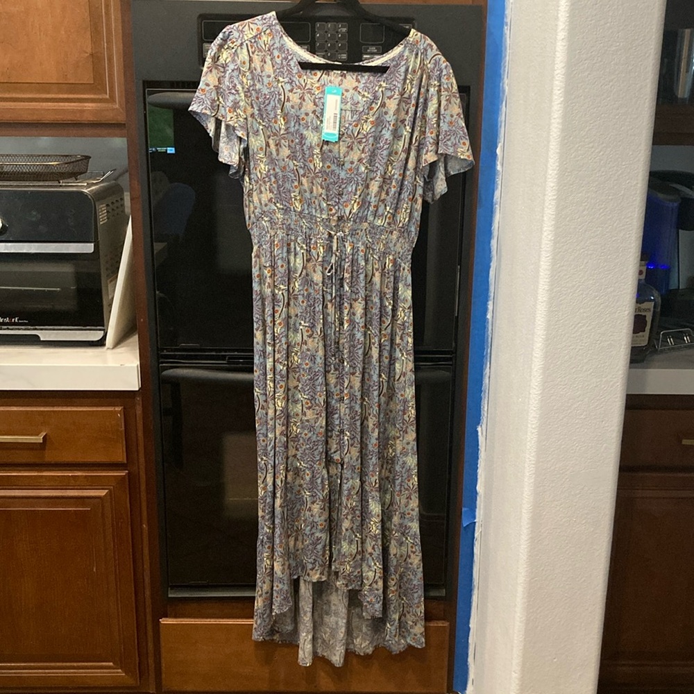 Blue and Gray Flutter Sleeve Maxi Sundress